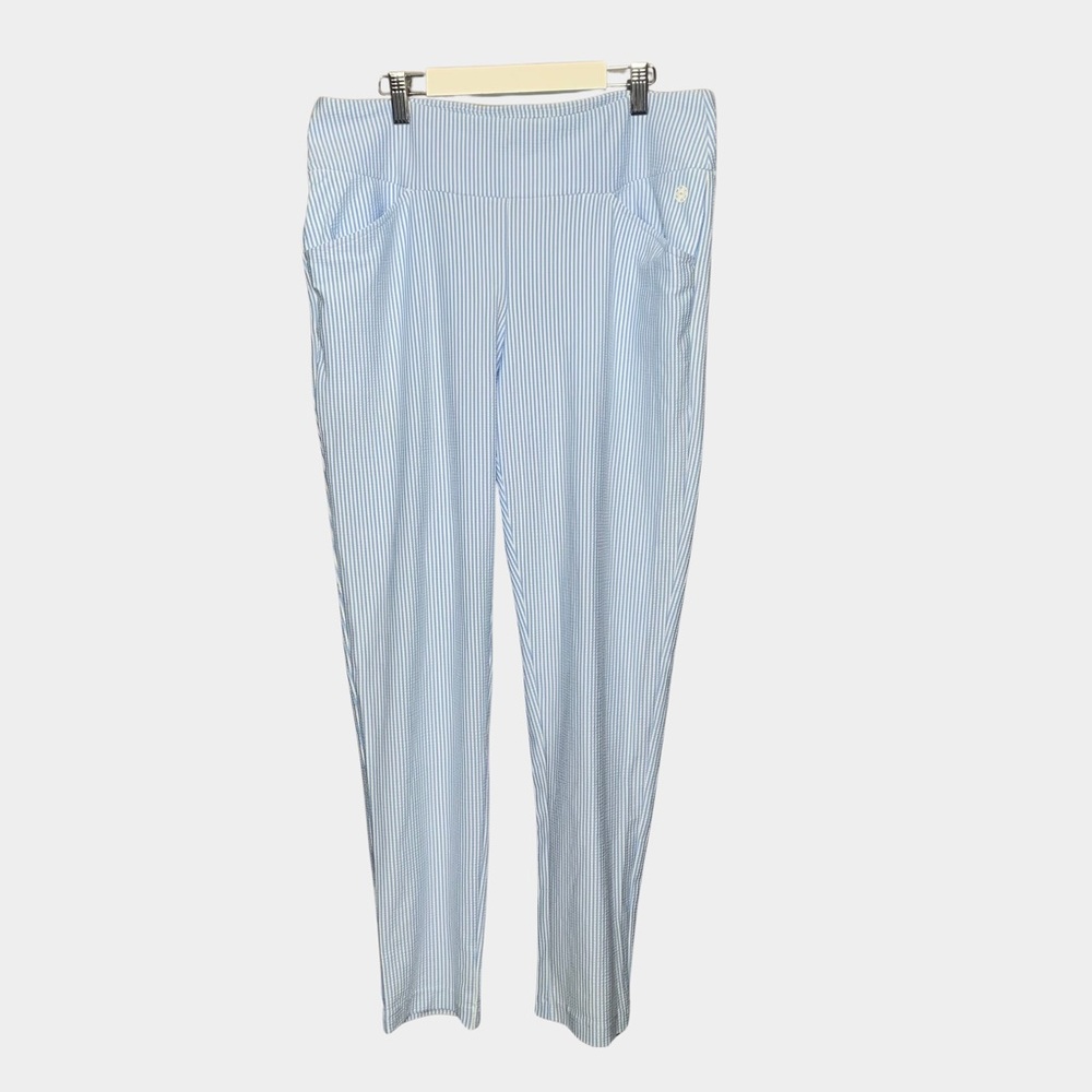 Lilly Pulitzer Seersucker UPF 50+ Luxletic Corso Stripe Blue/White Pants Sz 12